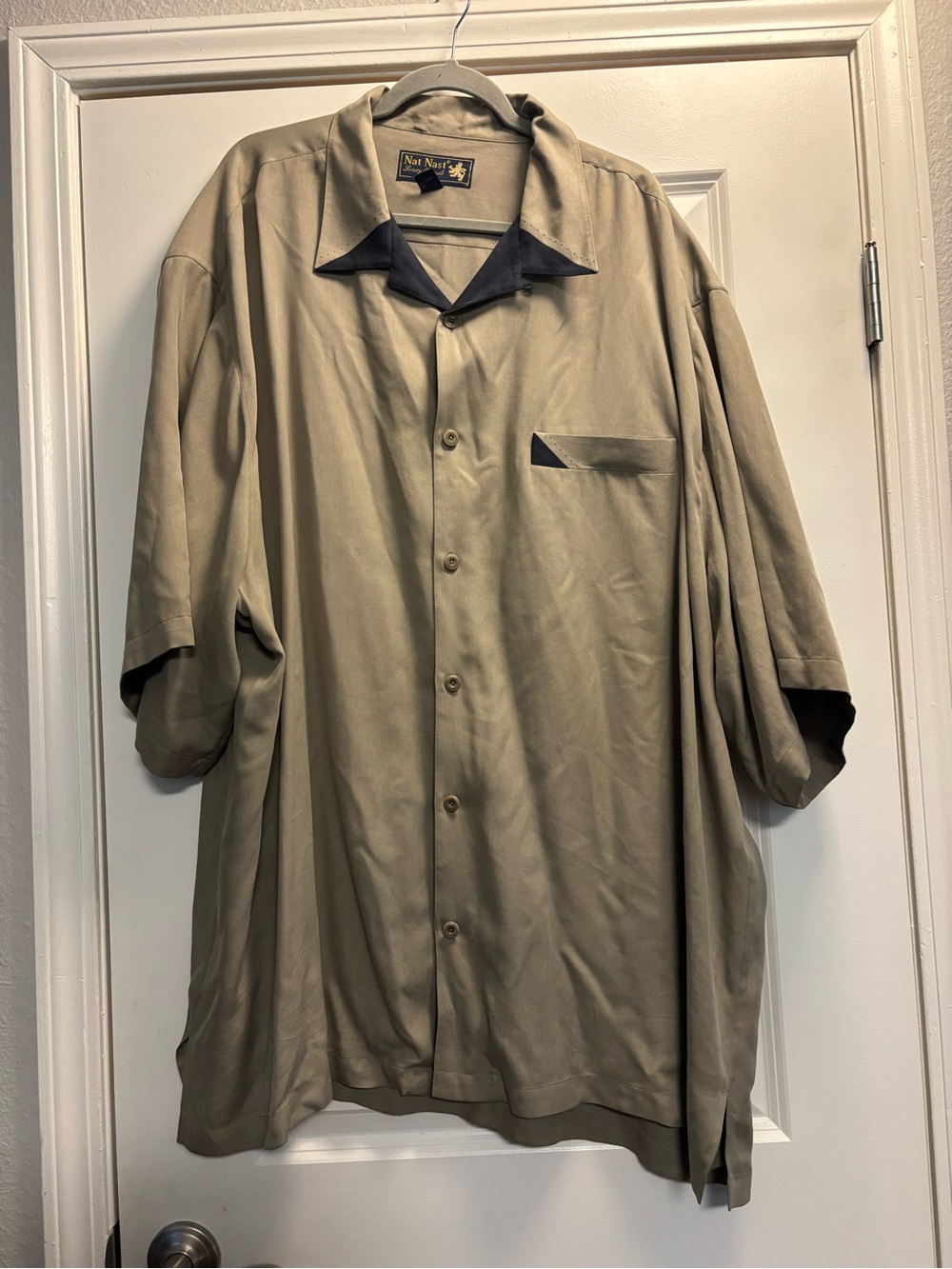 Nat Nast Men's 100% Silk Short-Sleeve Button Shirt - Beige with Black Trim 4XL